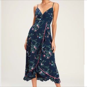 Lulu’s blue floral wrap midi dress NWT